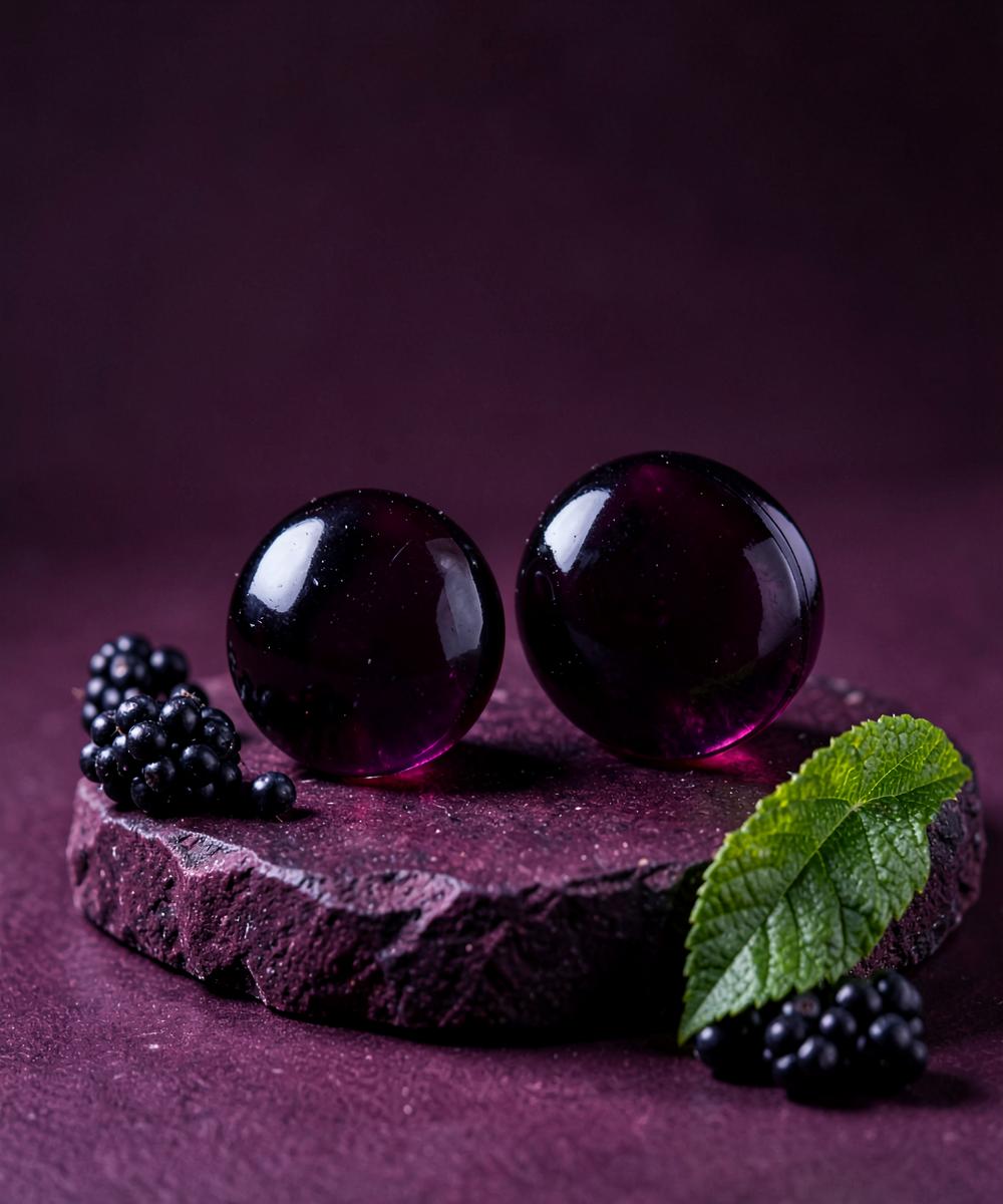 Blackberry-colored gummies with fresh blackberries